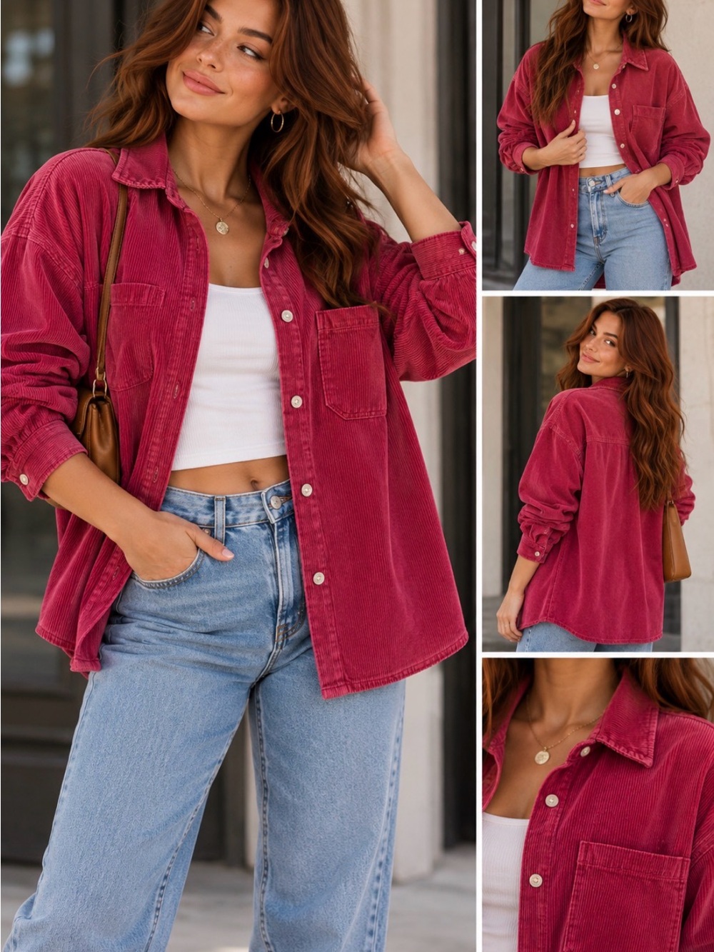 Women’s Corduroy Button-Up Shirt Jacket in dark pink